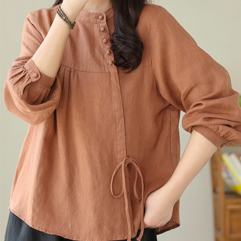 Nimara Ritual Fall Casual Solid Color Stand Collar Long Sleeve Cotton Linen Women's Shirt