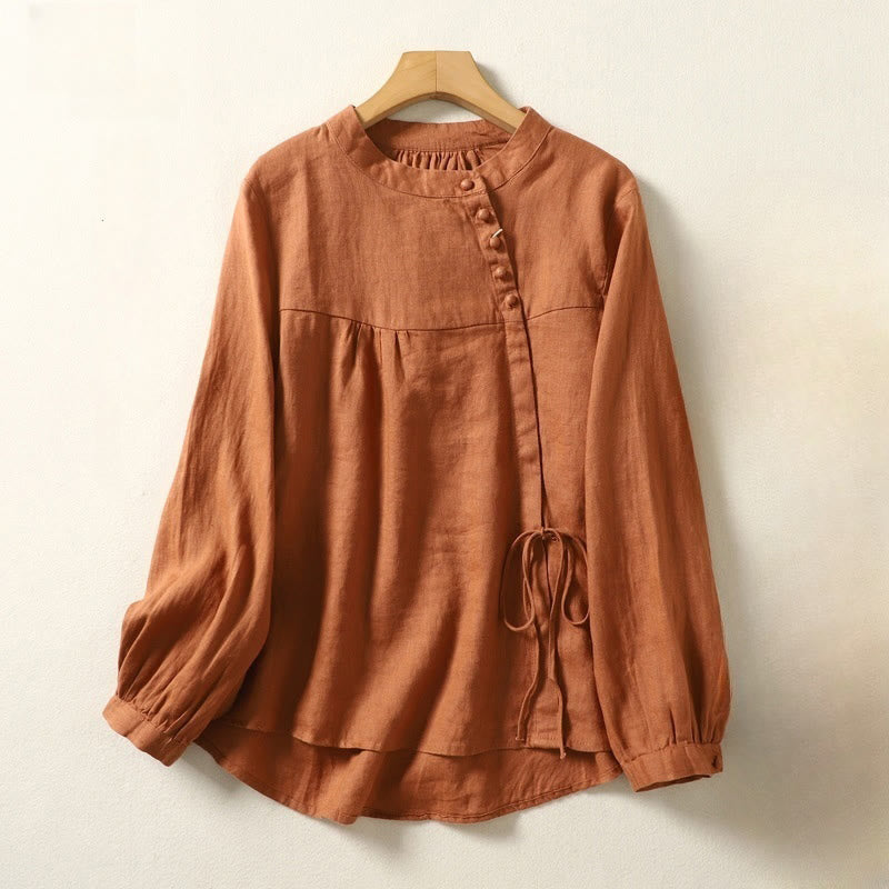 Nimara Ritual Fall Casual Solid Color Stand Collar Long Sleeve Cotton Linen Women's Shirt