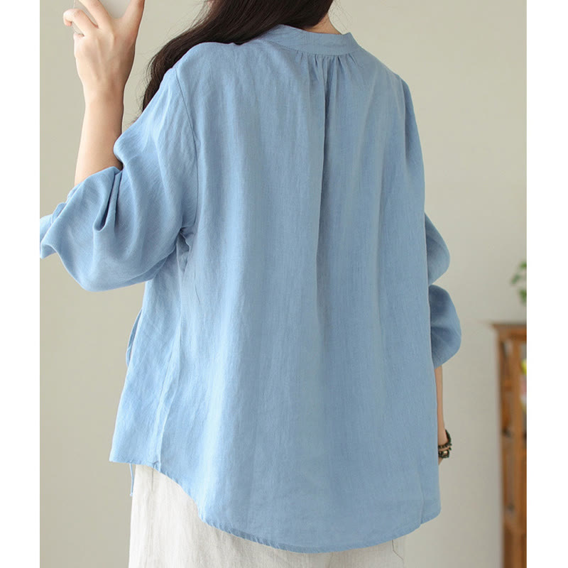 Nimara Ritual Fall Casual Solid Color Stand Collar Long Sleeve Cotton Linen Women's Shirt