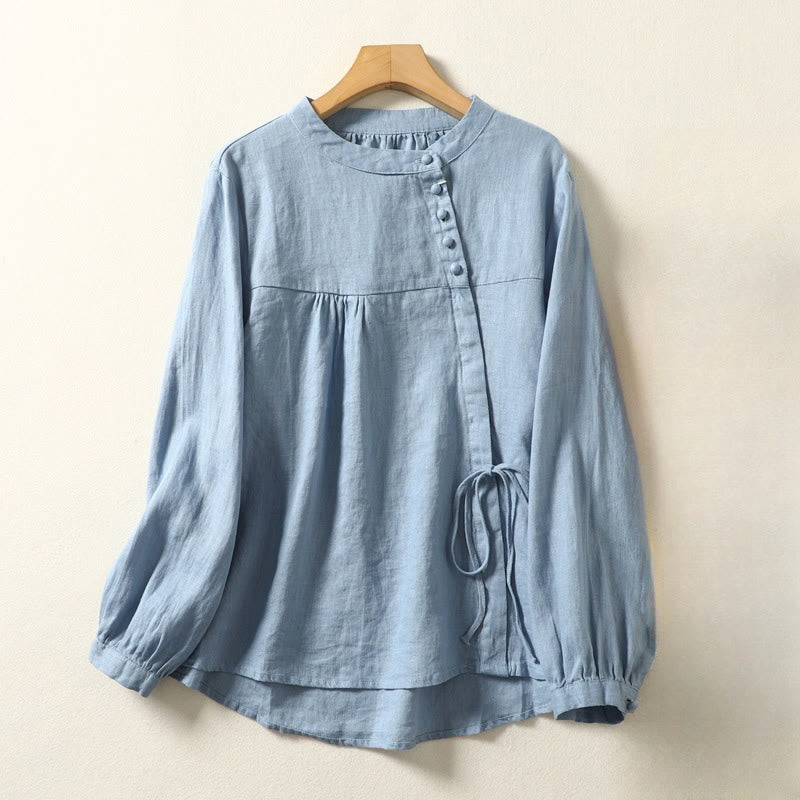 Nimara Ritual Fall Casual Solid Color Stand Collar Long Sleeve Cotton Linen Women's Shirt