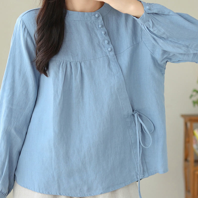 Nimara Ritual Fall Casual Solid Color Stand Collar Long Sleeve Cotton Linen Women's Shirt