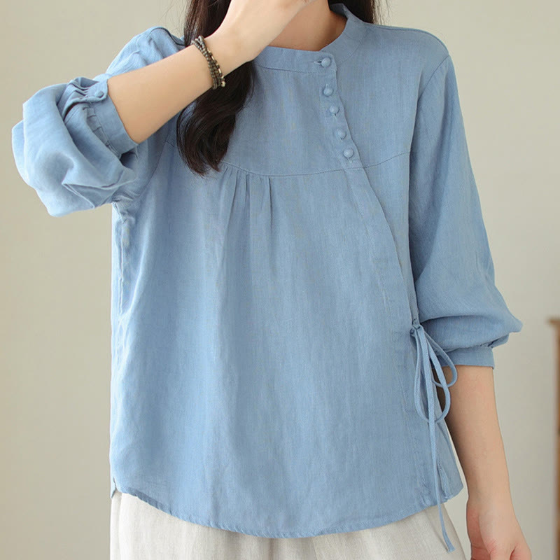 Nimara Ritual Fall Casual Solid Color Stand Collar Long Sleeve Cotton Linen Women's Shirt
