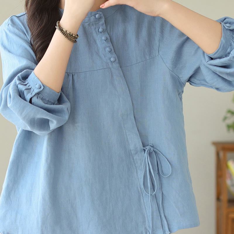 Nimara Ritual Fall Casual Solid Color Stand Collar Long Sleeve Cotton Linen Women's Shirt