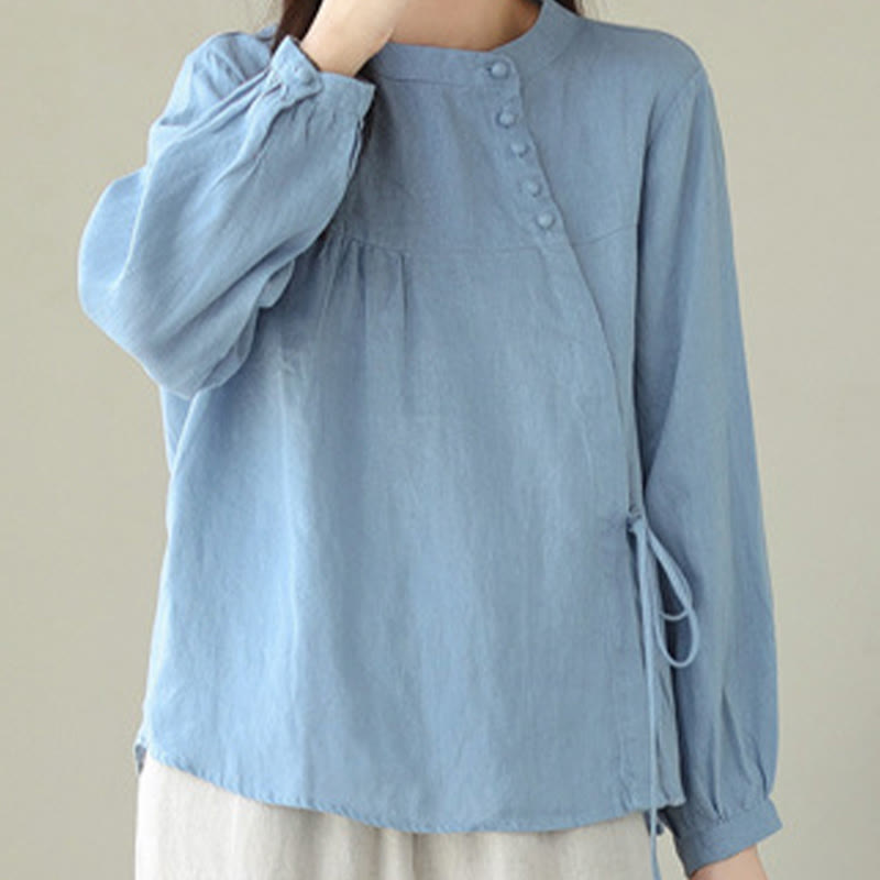 Nimara Ritual Fall Casual Solid Color Stand Collar Long Sleeve Cotton Linen Women's Shirt