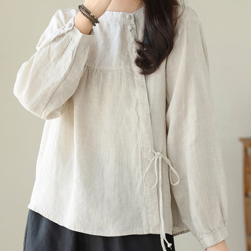 Nimara Ritual Fall Casual Solid Color Stand Collar Long Sleeve Cotton Linen Women's Shirt