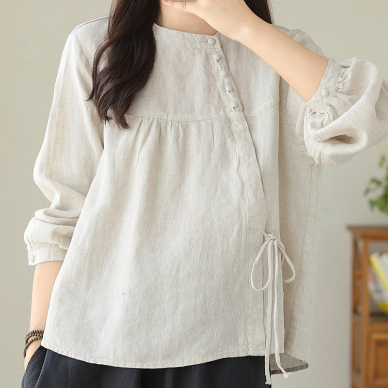 Nimara Ritual Fall Casual Solid Color Stand Collar Long Sleeve Cotton Linen Women's Shirt