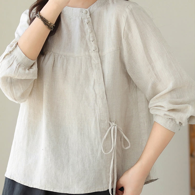 Nimara Ritual Fall Casual Solid Color Stand Collar Long Sleeve Cotton Linen Women's Shirt