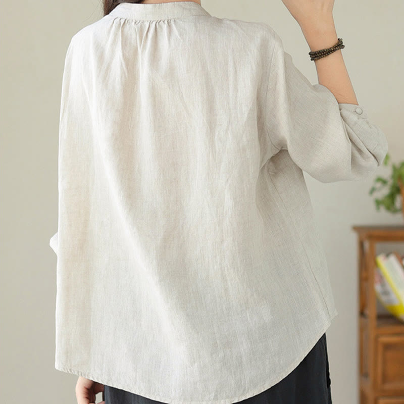 Nimara Ritual Fall Casual Solid Color Stand Collar Long Sleeve Cotton Linen Women's Shirt