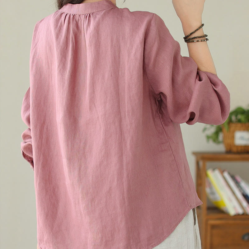 Nimara Ritual Fall Casual Solid Color Stand Collar Long Sleeve Cotton Linen Women's Shirt