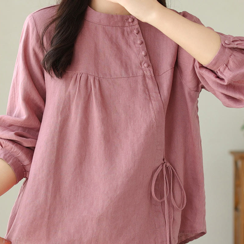 Nimara Ritual Fall Casual Solid Color Stand Collar Long Sleeve Cotton Linen Women's Shirt