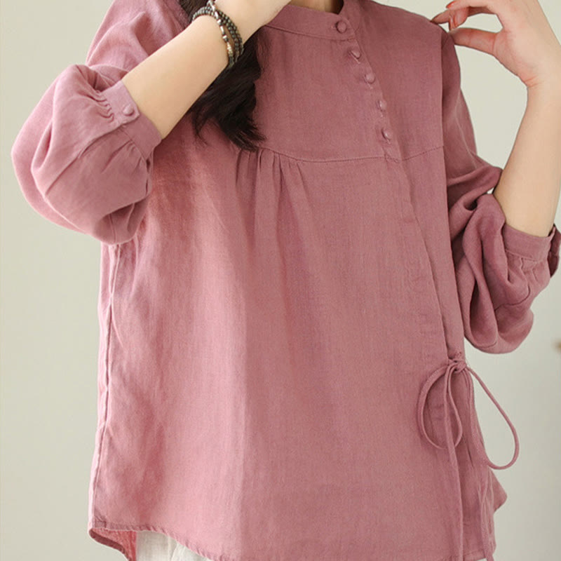 Nimara Ritual Fall Casual Solid Color Stand Collar Long Sleeve Cotton Linen Women's Shirt