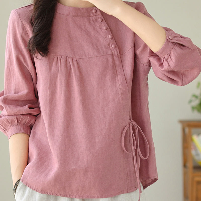 Nimara Ritual Fall Casual Solid Color Stand Collar Long Sleeve Cotton Linen Women's Shirt