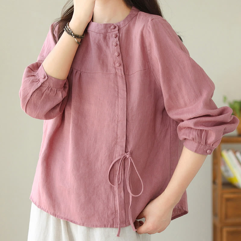 Nimara Ritual Fall Casual Solid Color Stand Collar Long Sleeve Cotton Linen Women's Shirt