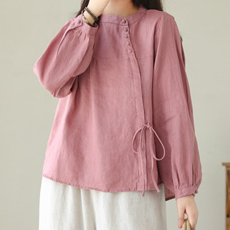 Nimara Ritual Fall Casual Solid Color Stand Collar Long Sleeve Cotton Linen Women's Shirt