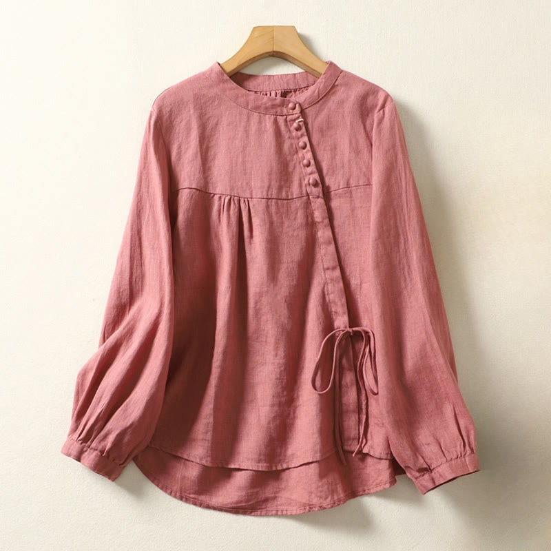 Nimara Ritual Fall Casual Solid Color Stand Collar Long Sleeve Cotton Linen Women's Shirt
