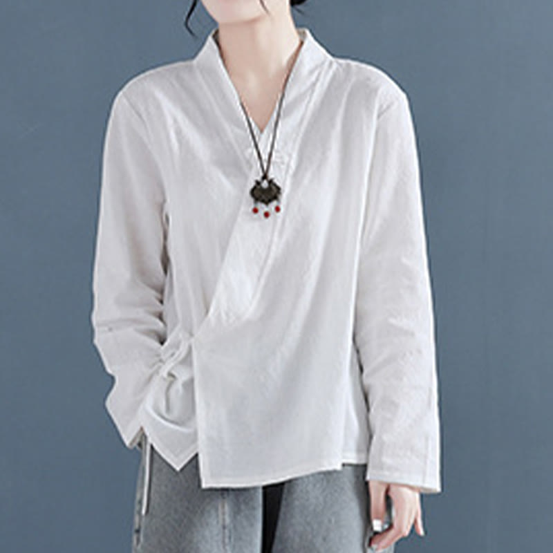 Nimara Ritual Casual Solid Color Frog Button Long Sleeve Zen Cotton Linen Women's Shirt