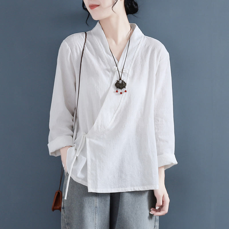 Nimara Ritual Casual Solid Color Frog Button Long Sleeve Zen Cotton Linen Women's Shirt