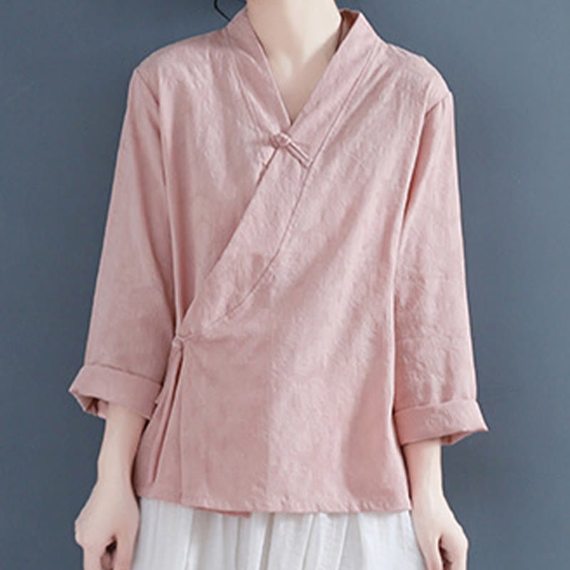 Nimara Ritual Casual Solid Color Frog Button Long Sleeve Zen Cotton Linen Women's Shirt