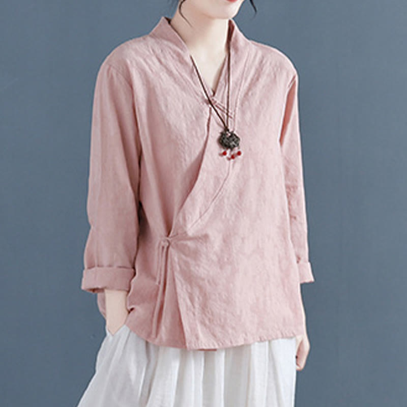 Nimara Ritual Casual Solid Color Frog Button Long Sleeve Zen Cotton Linen Women's Shirt