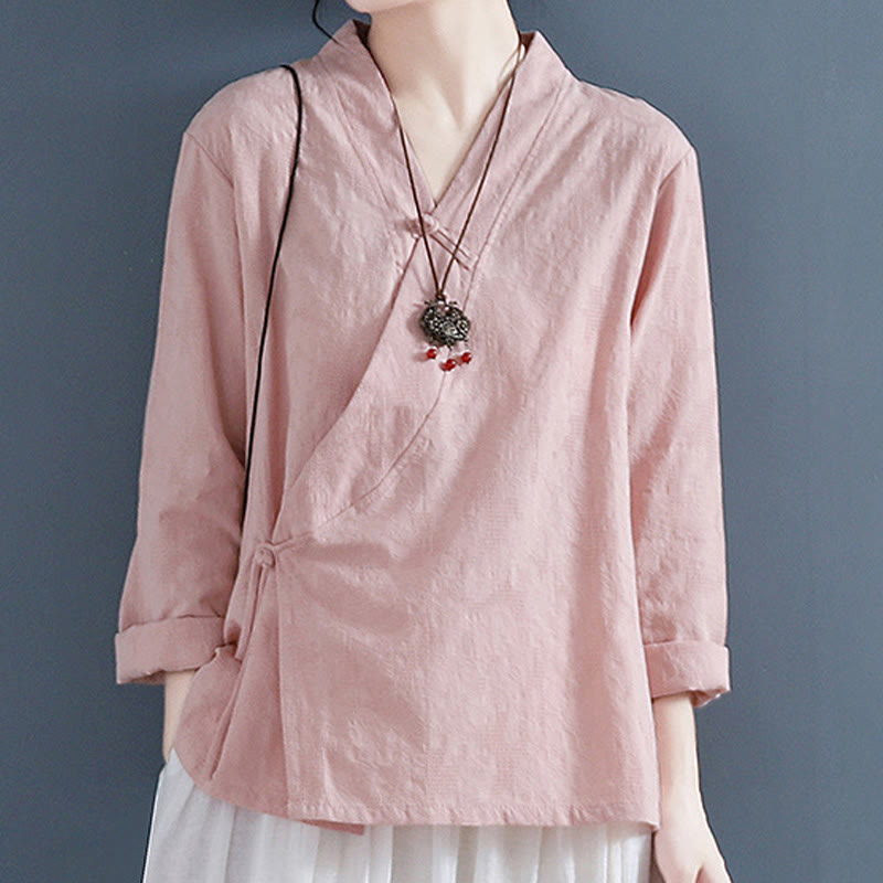 Nimara Ritual Casual Solid Color Frog Button Long Sleeve Zen Cotton Linen Women's Shirt