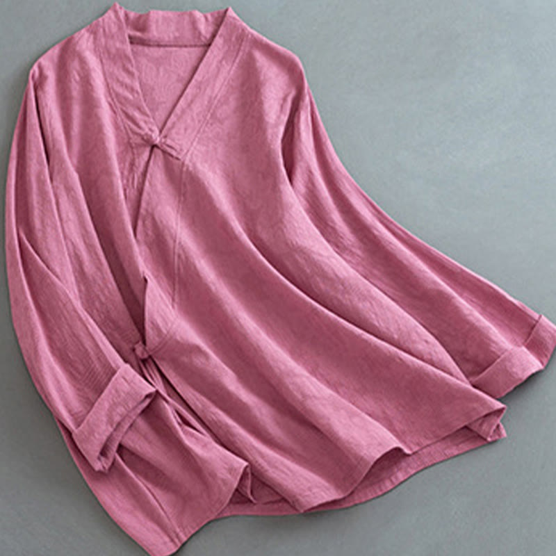 Nimara Ritual Casual Solid Color Frog Button Long Sleeve Zen Cotton Linen Women's Shirt