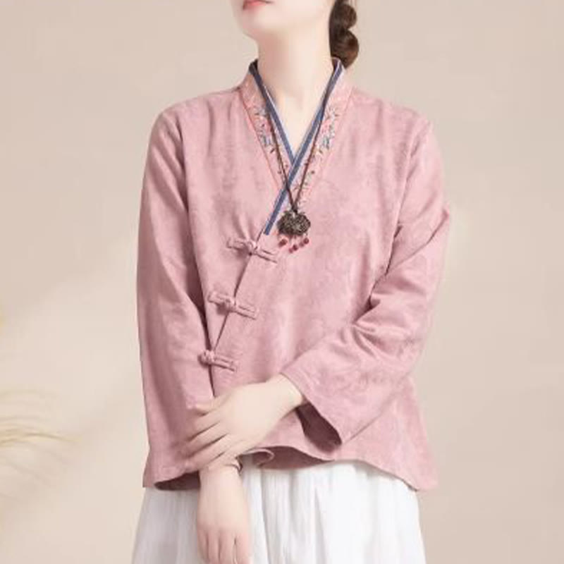Nimara Ritual Embroidered Flowers Grass Frog-Button Long Sleeve Cotton Women's Shirt