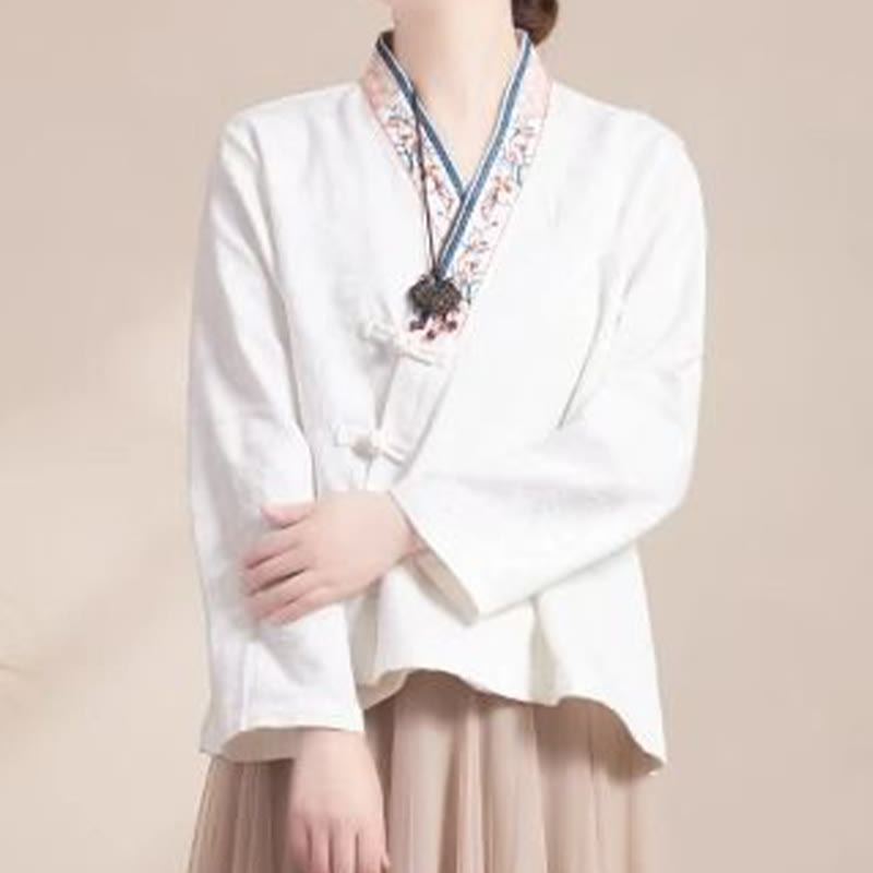 Nimara Ritual Embroidered Flowers Grass Frog-Button Long Sleeve Cotton Women's Shirt