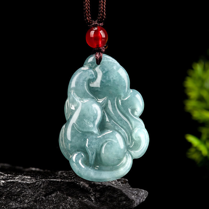 Nimara Ritual Natural Green Jade Nine Tailed Fox Fairy Prosperity Necklace Pendant
