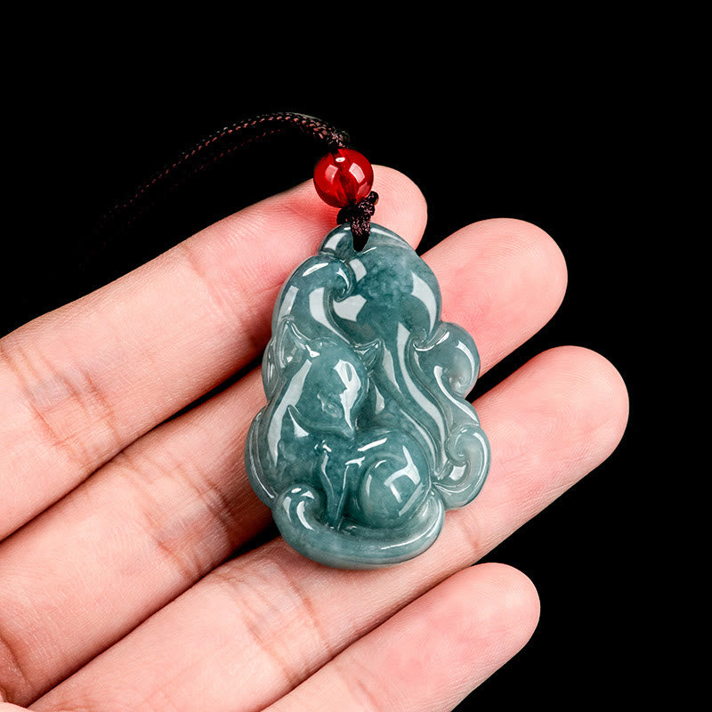 Nimara Ritual Natural Green Jade Nine Tailed Fox Fairy Prosperity Necklace Pendant
