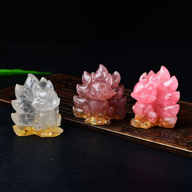Nimara Ritual Natural Various Crystal Strawberry Quartz Amethyst Nine Tailed Fox Protection Home Decoration