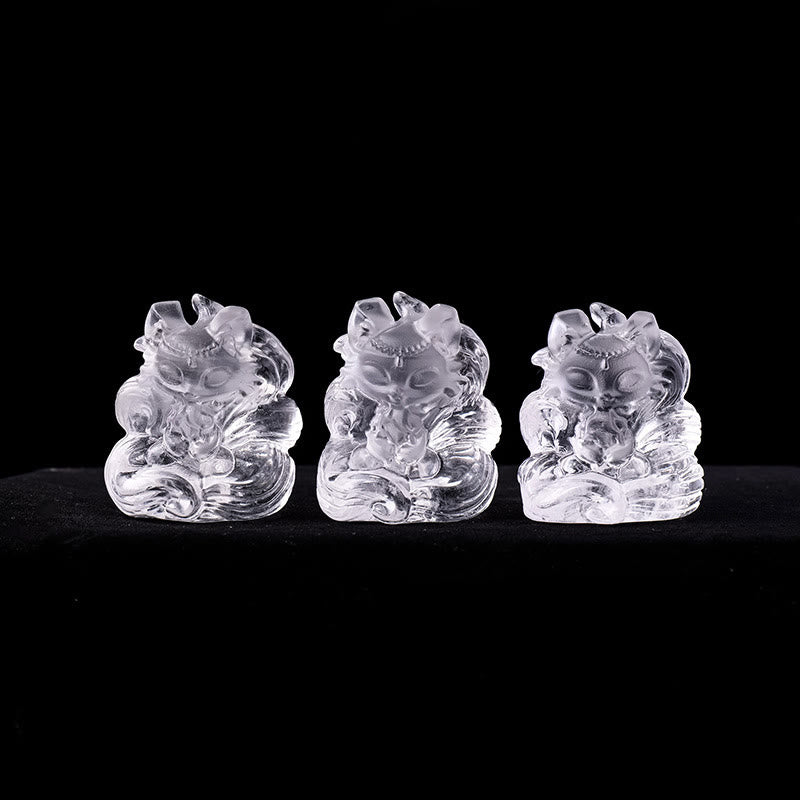 Nimara Ritual Natural White Crystal Mini Small Nine Tailed Fox Carved Healing Home Decoration