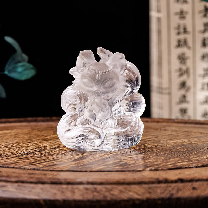 Nimara Ritual Natural White Crystal Mini Small Nine Tailed Fox Carved Healing Home Decoration