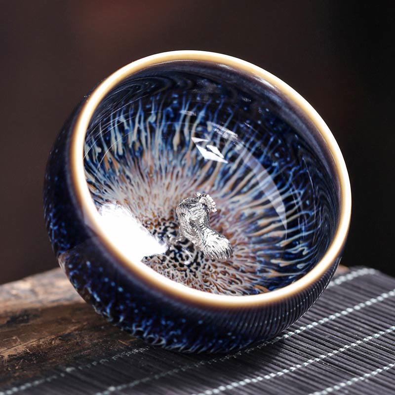 Nimara Ritual Handmade Chinese Jianzhan Koi Fish Lotus Dragon Phoenix 12 Chinese Zodiac Ceramic Teacup Kung Fu Tea Cup 70ml