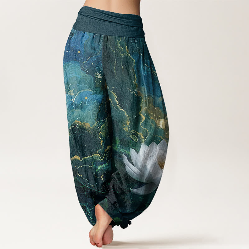 Nimara Ritual Cotton Casual Lotus Starry Sky Clouds Pattern Women's Elastic Waist Harem Pants