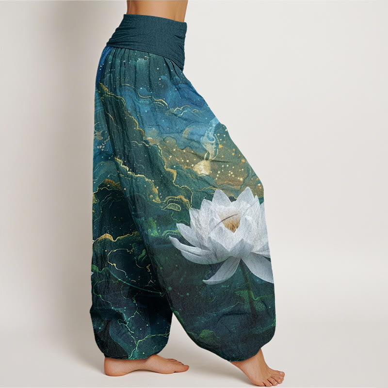 Nimara Ritual Cotton Casual Lotus Starry Sky Clouds Pattern Women's Elastic Waist Harem Pants