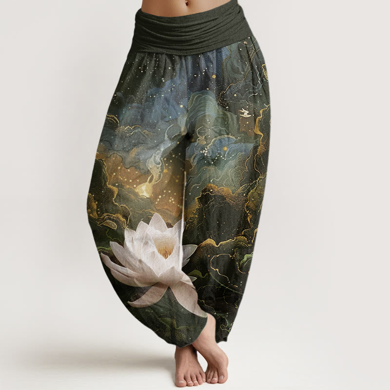 Nimara Ritual Cotton Casual Lotus Starry Sky Clouds Pattern Women's Elastic Waist Harem Pants