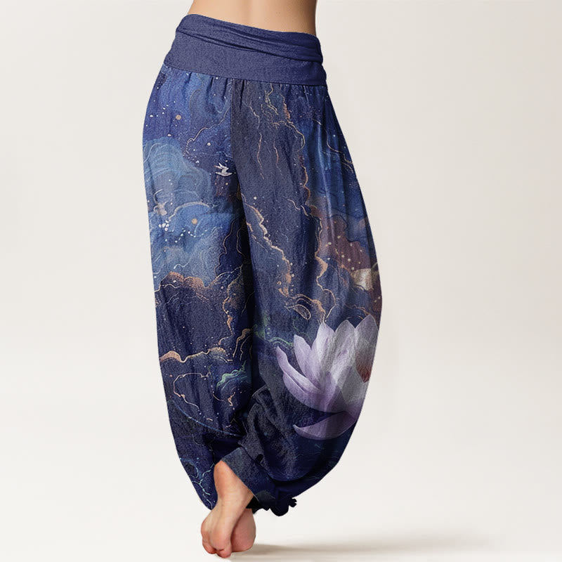 Nimara Ritual Cotton Casual Lotus Starry Sky Clouds Pattern Women's Elastic Waist Harem Pants