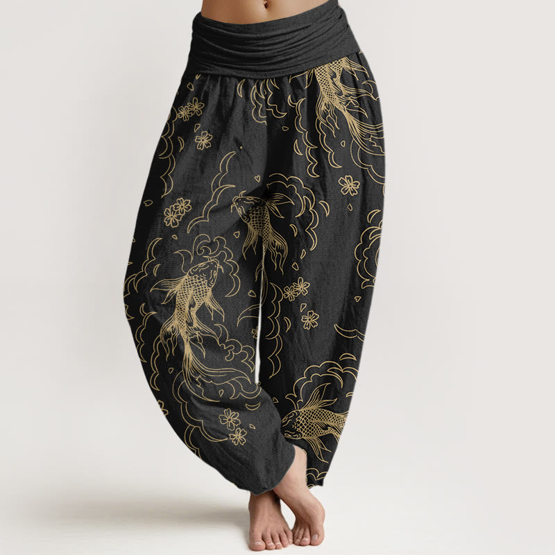 Nimara Ritual Cotton Casual Koi Fish Waves And Petal Line Pattern Women's Elastic Waist Harem Pants