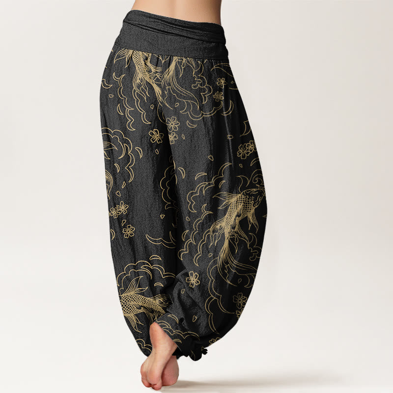Nimara Ritual Cotton Casual Koi Fish Waves And Petal Line Pattern Women's Elastic Waist Harem Pants