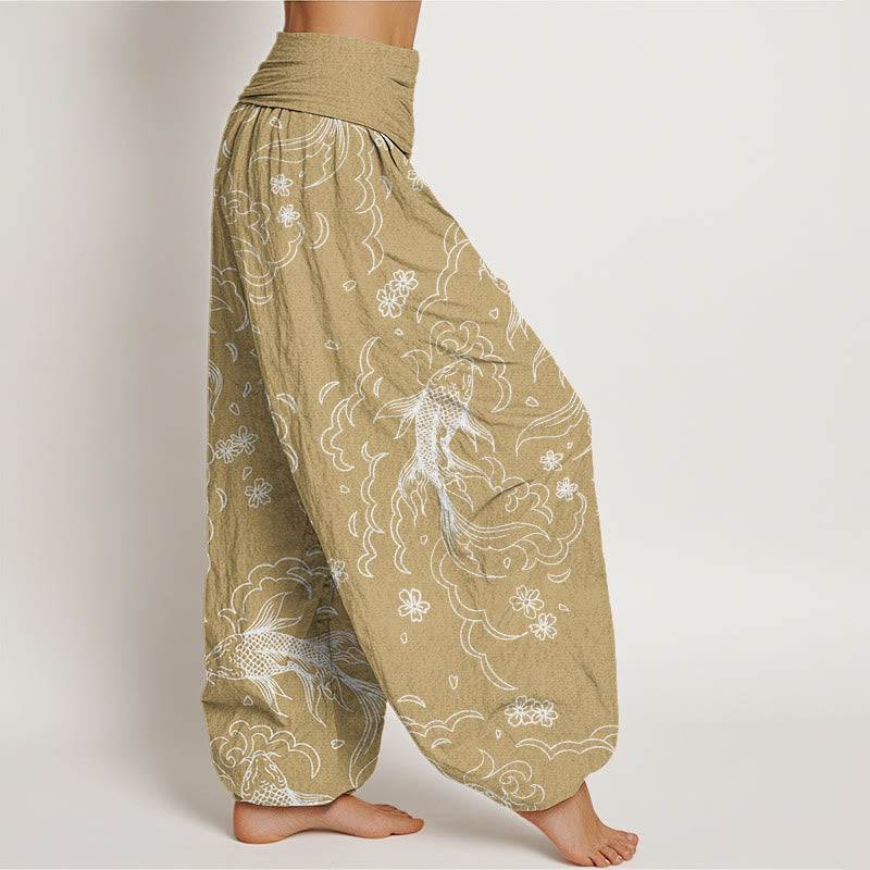 Nimara Ritual Cotton Casual Koi Fish Waves And Petal Line Pattern Women's Elastic Waist Harem Pants