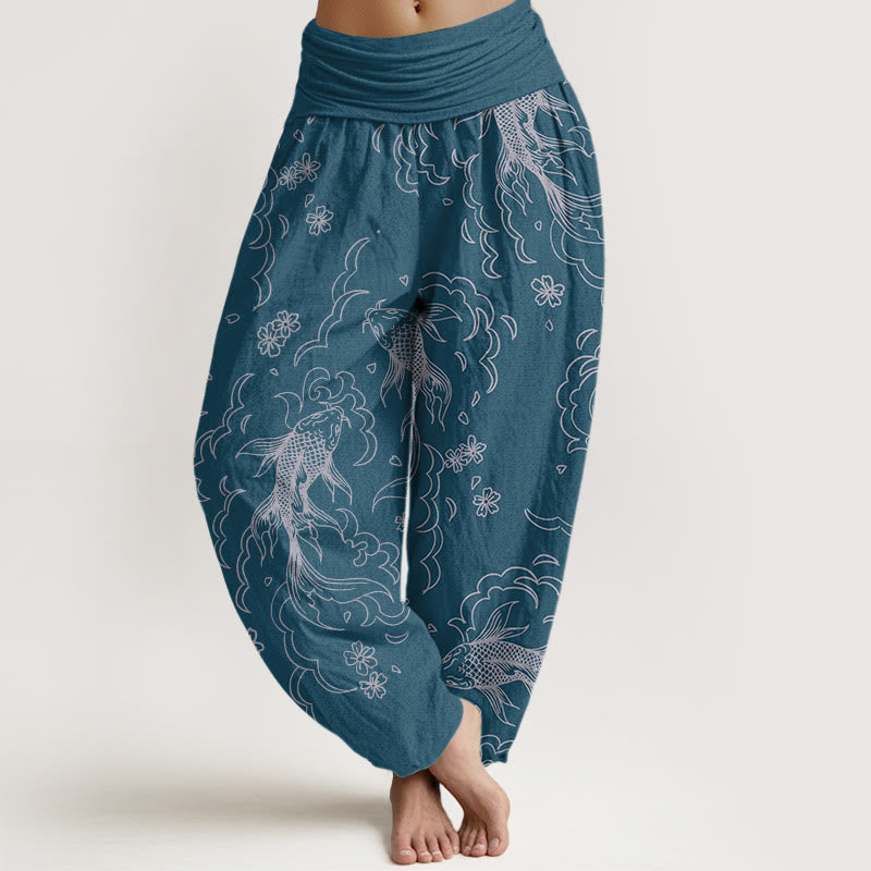 Nimara Ritual Cotton Casual Koi Fish Waves And Petal Line Pattern Women's Elastic Waist Harem Pants