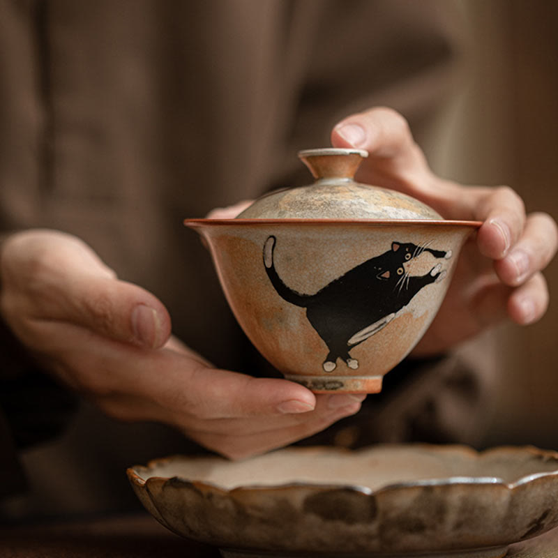 Nimara Ritual Cute Cat Ceramic Gaiwan Teacup Kung Fu Tea Cup With Lid 130ml