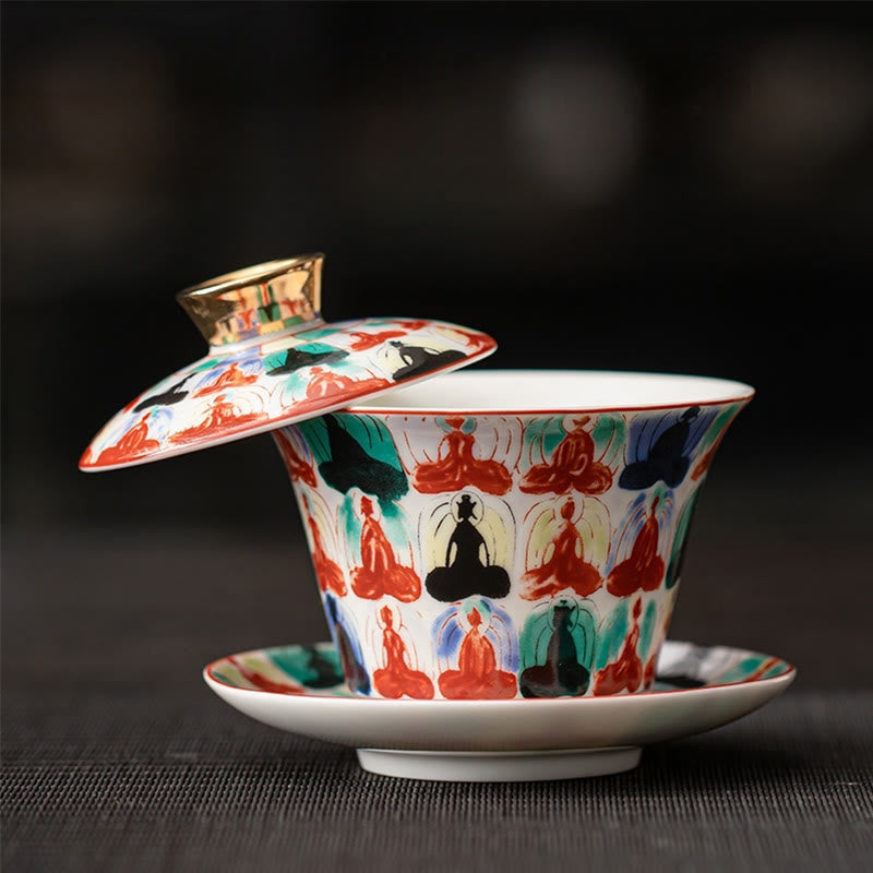 Nimara Ritual Thangka Dragon Buddhas Dunhuang Ceramic Gaiwan Sancai Kung Fu Tea Cup And Saucer With Lid Gift Box 180ml