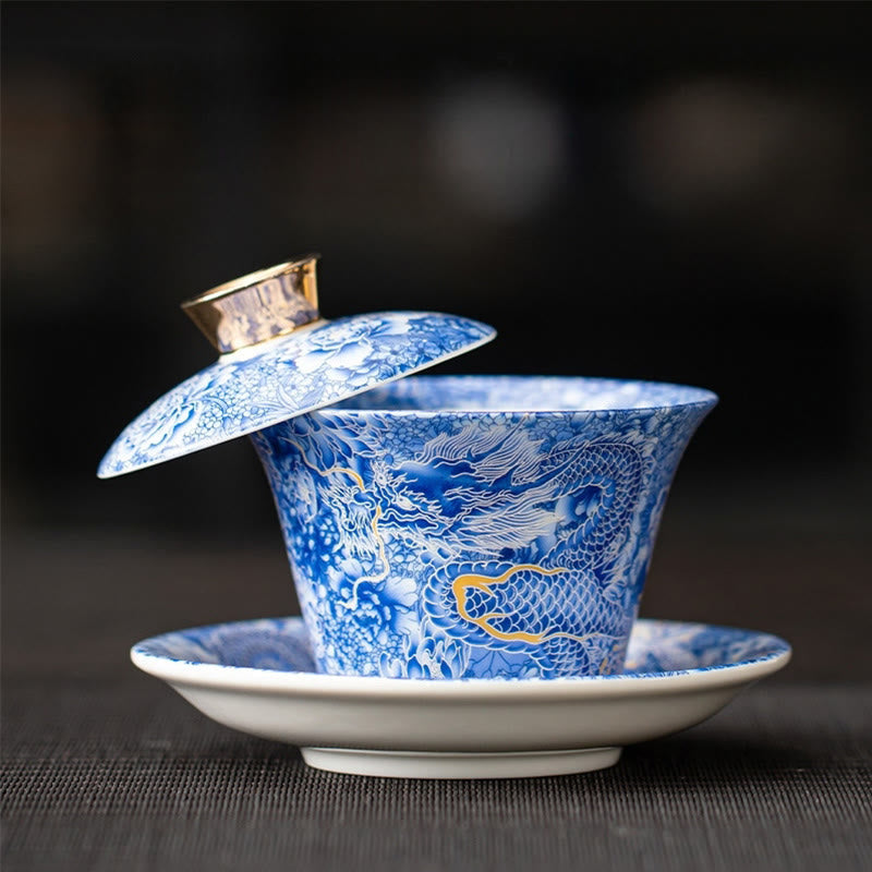 Nimara Ritual Thangka Dragon Buddhas Dunhuang Ceramic Gaiwan Sancai Kung Fu Tea Cup And Saucer With Lid Gift Box 180ml