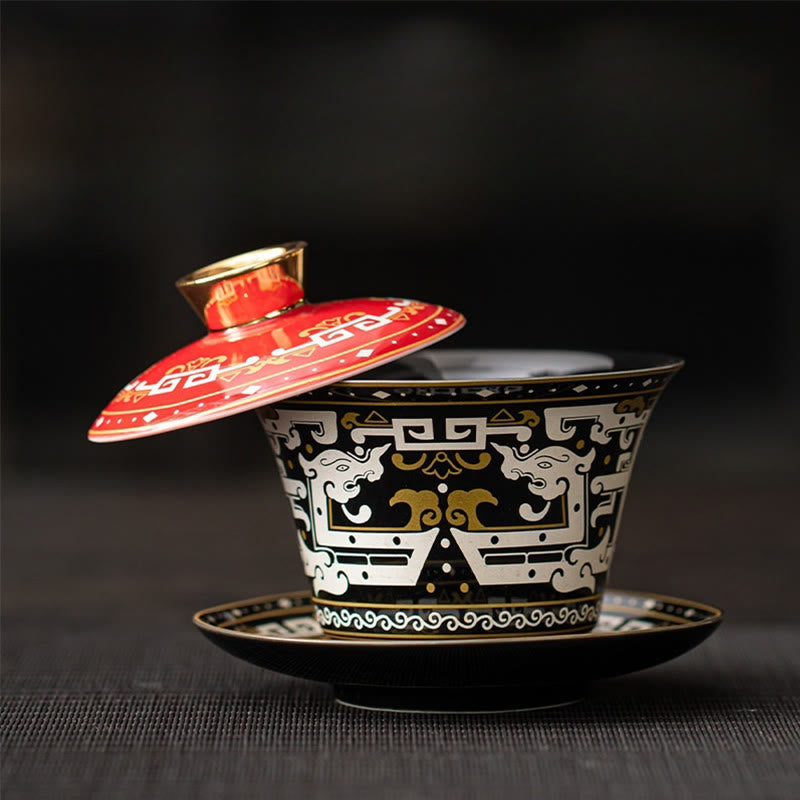 Nimara Ritual Thangka Dragon Buddhas Dunhuang Ceramic Gaiwan Sancai Kung Fu Tea Cup And Saucer With Lid Gift Box 180ml