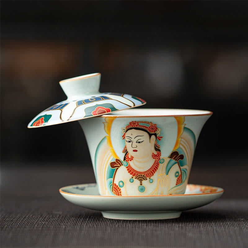 Nimara Ritual Thangka Dragon Buddhas Dunhuang Ceramic Gaiwan Sancai Kung Fu Tea Cup And Saucer With Lid Gift Box 180ml