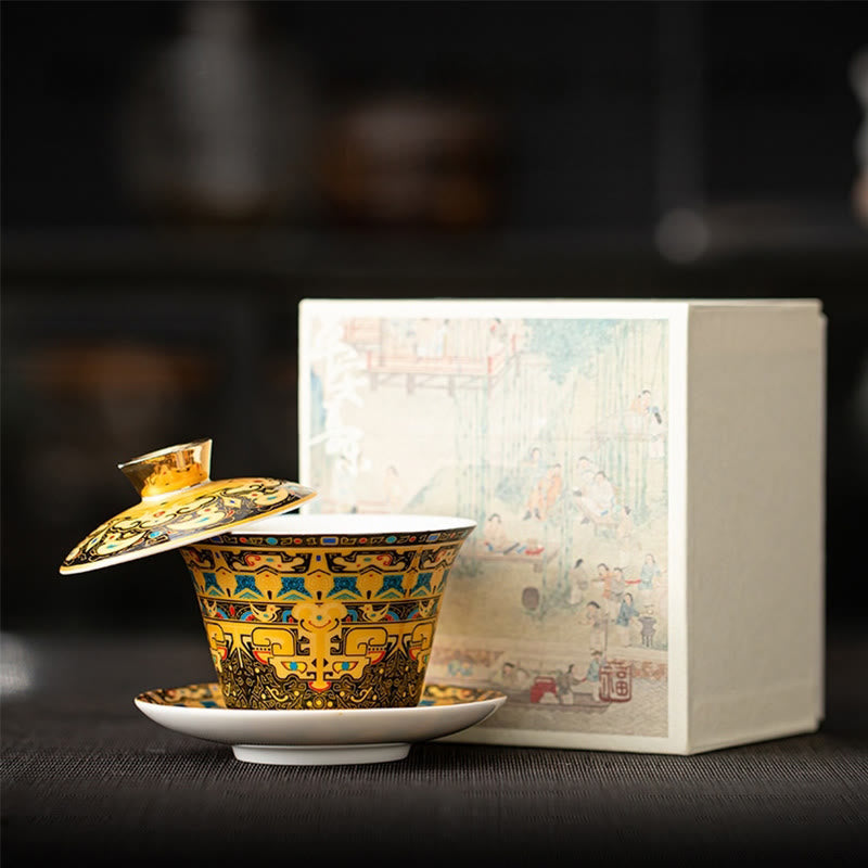 Nimara Ritual Thangka Dragon Buddhas Dunhuang Ceramic Gaiwan Sancai Kung Fu Tea Cup And Saucer With Lid Gift Box 180ml