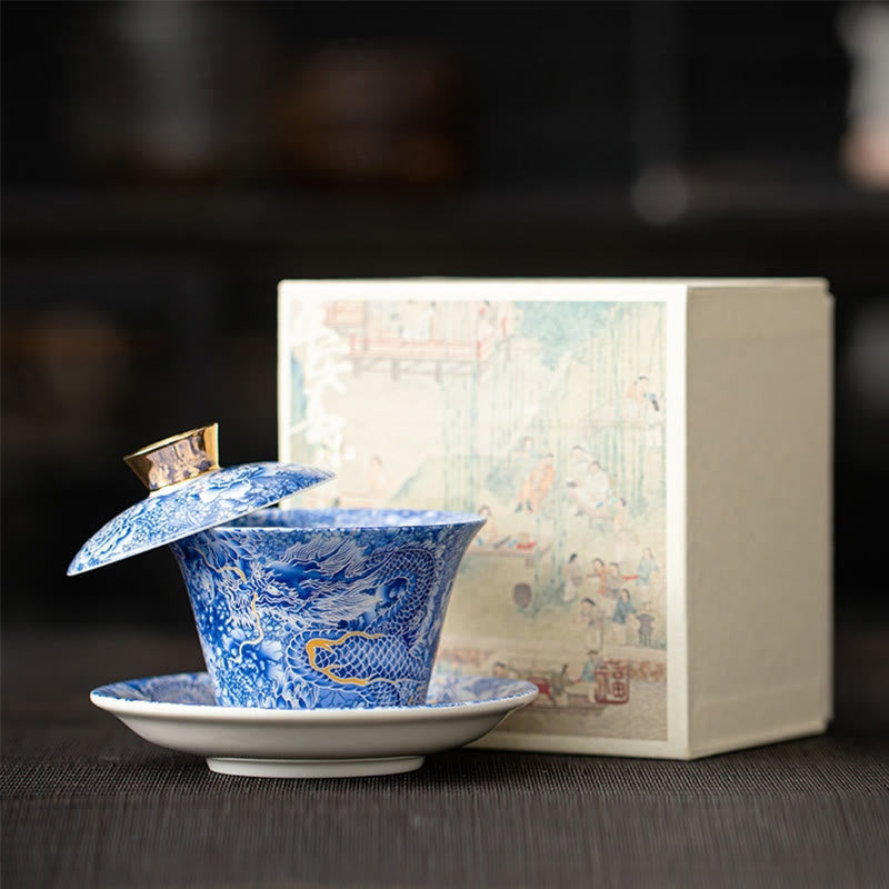 Nimara Ritual Thangka Dragon Buddhas Dunhuang Ceramic Gaiwan Sancai Kung Fu Tea Cup And Saucer With Lid Gift Box 180ml