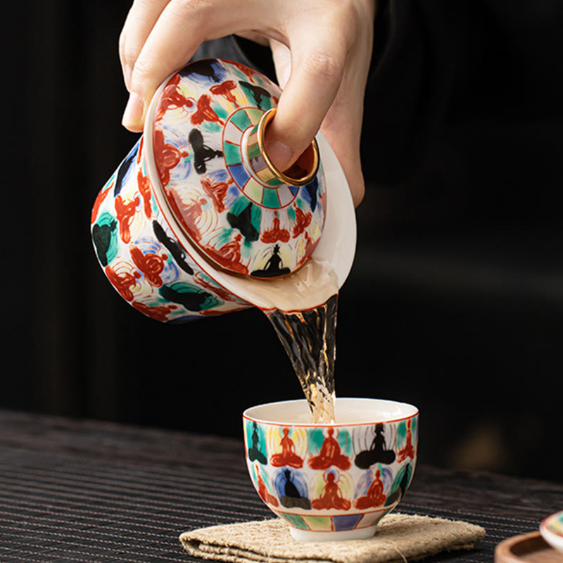 Nimara Ritual Thangka Dragon Buddhas Dunhuang Ceramic Gaiwan Sancai Kung Fu Tea Cup And Saucer With Lid Gift Box 180ml