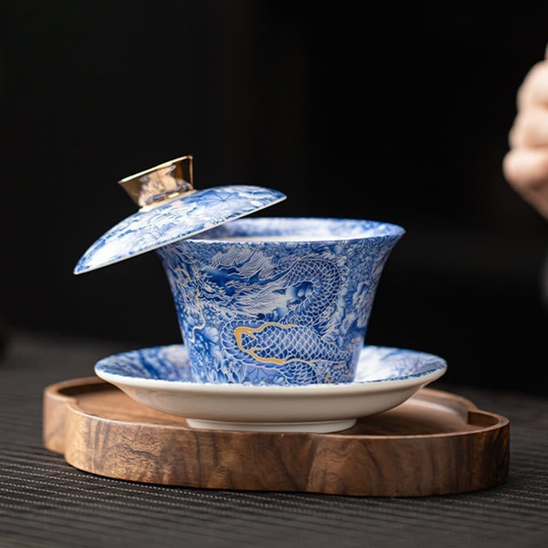Nimara Ritual Thangka Dragon Buddhas Dunhuang Ceramic Gaiwan Sancai Kung Fu Tea Cup And Saucer With Lid Gift Box 180ml
